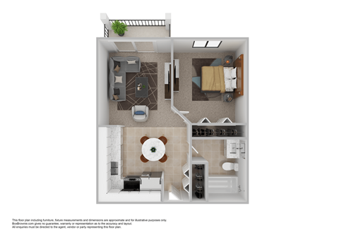 a stylized floor plan of a 1 bedroom apartment